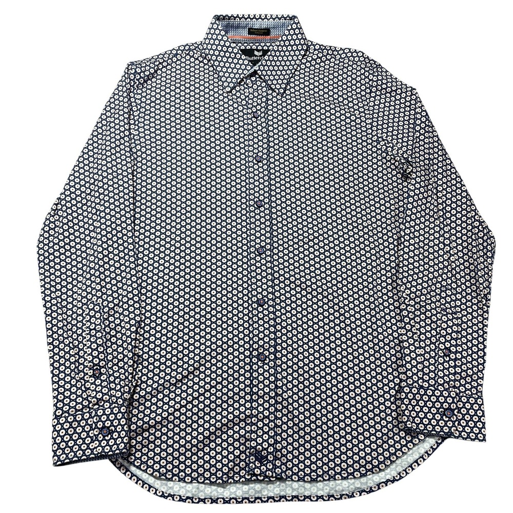 Buttercloth Shirt Mens Medium Blue Geometric‎ Button Front Long Sleeve Herjavec